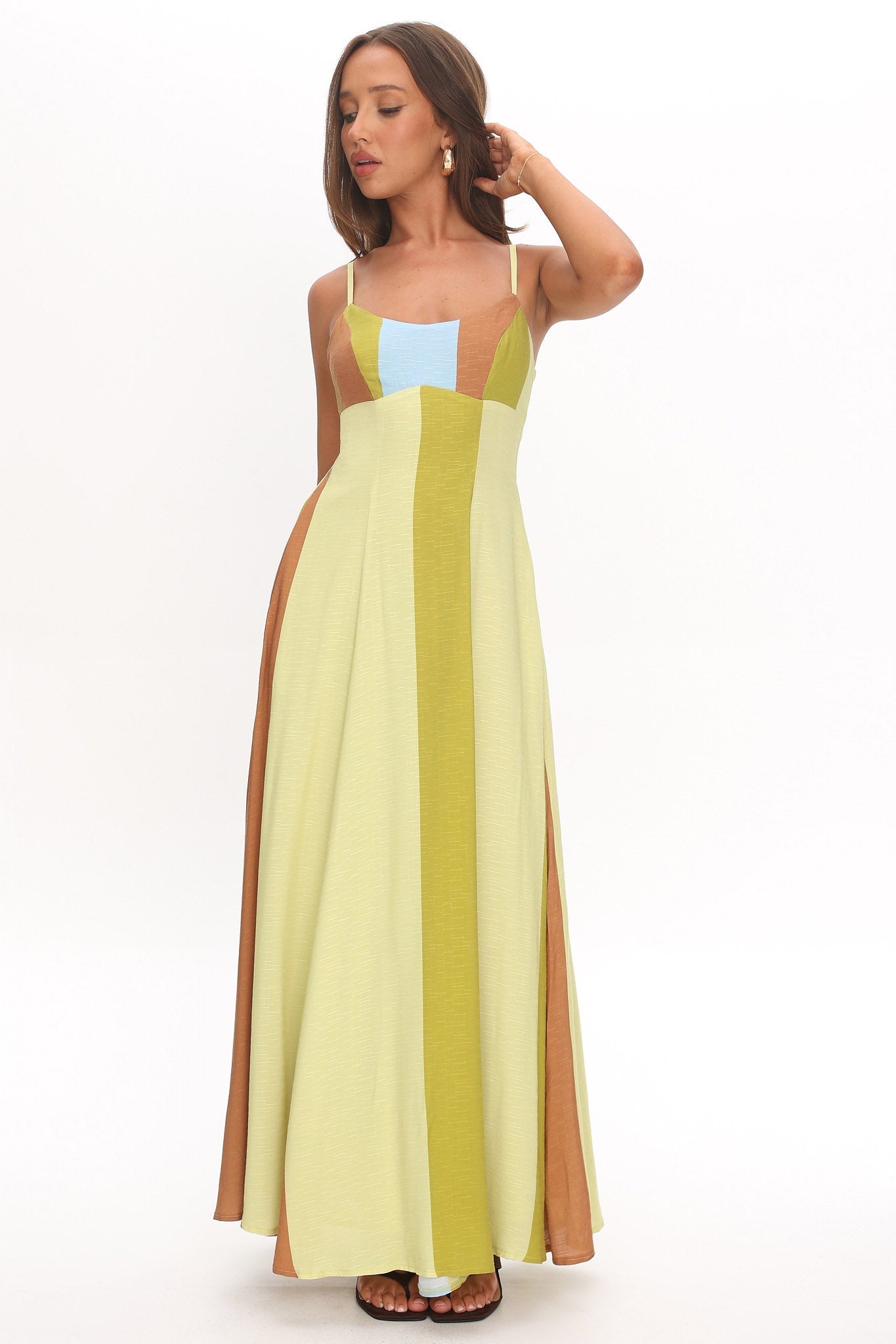 Nolan Princess Seam Maxi Dress Stripe Green
