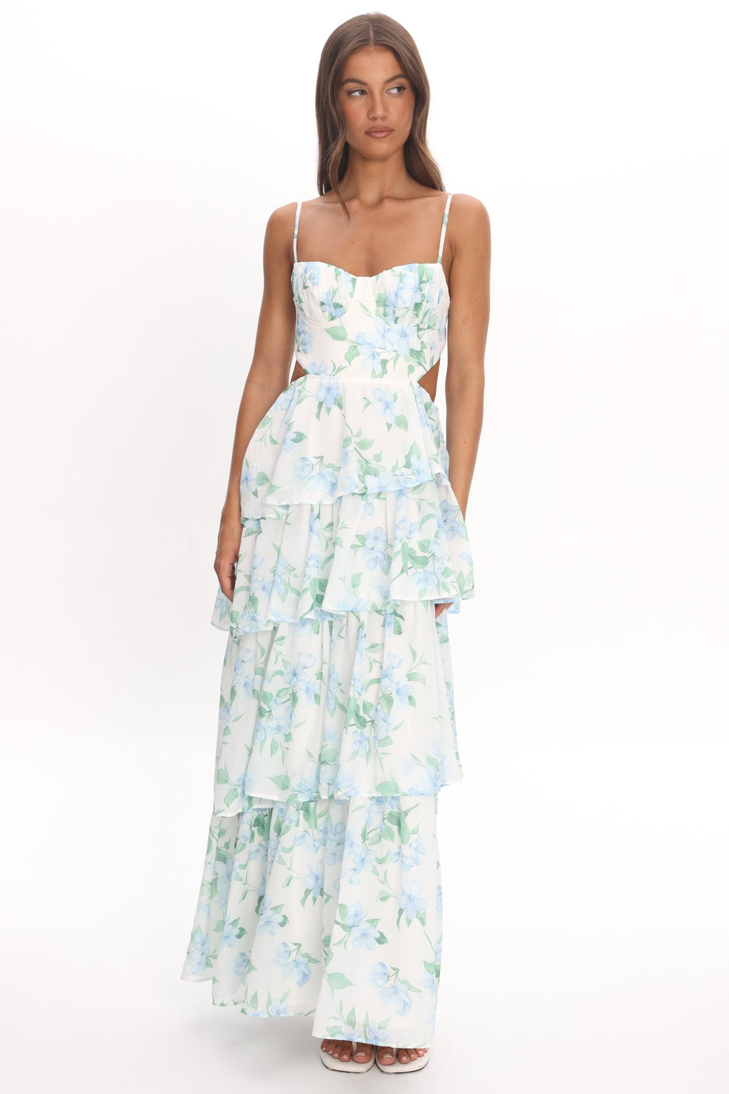 Vianne Tiered Cut-Out Maxi Dress Floral Blue