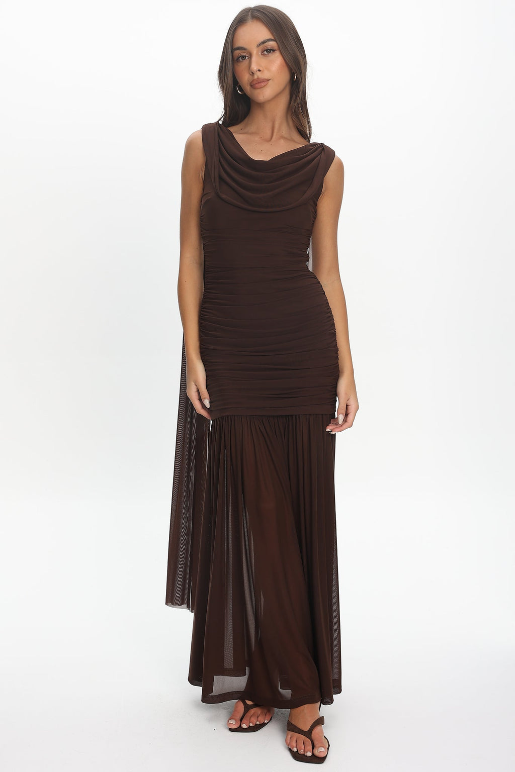 Rosellea Draped Shoulder Maxi Dress Chocolate