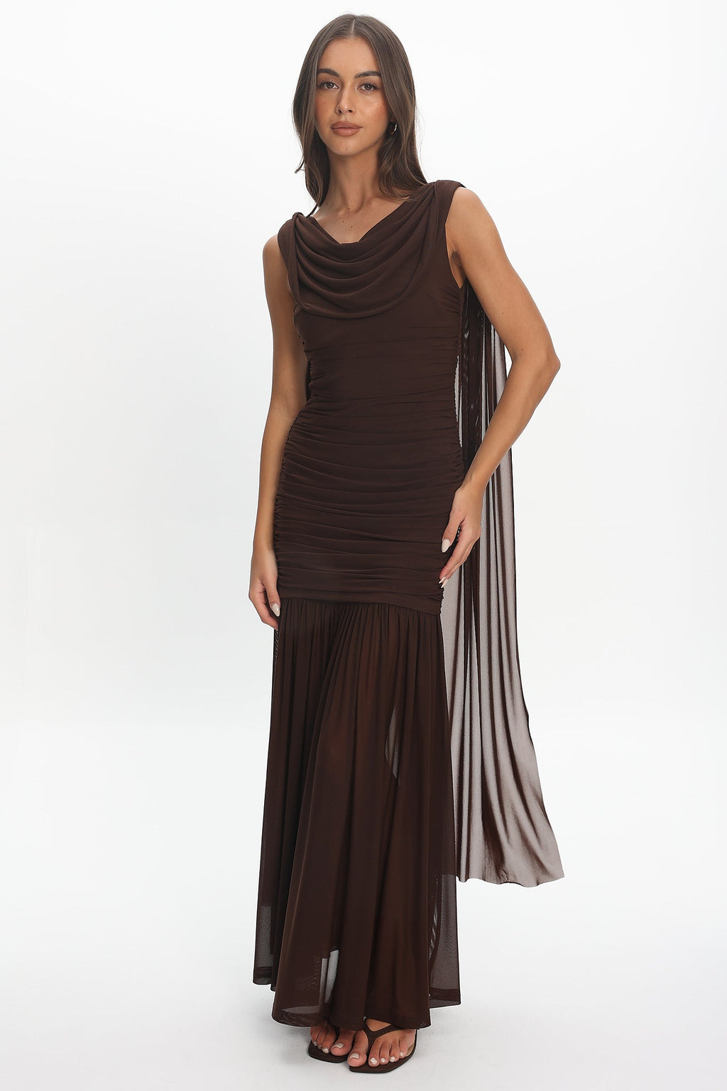 Rosellea Draped Shoulder Maxi Dress Chocolate