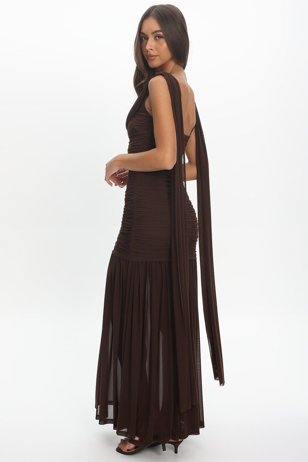 Rosellea Draped Shoulder Maxi Dress Chocolate