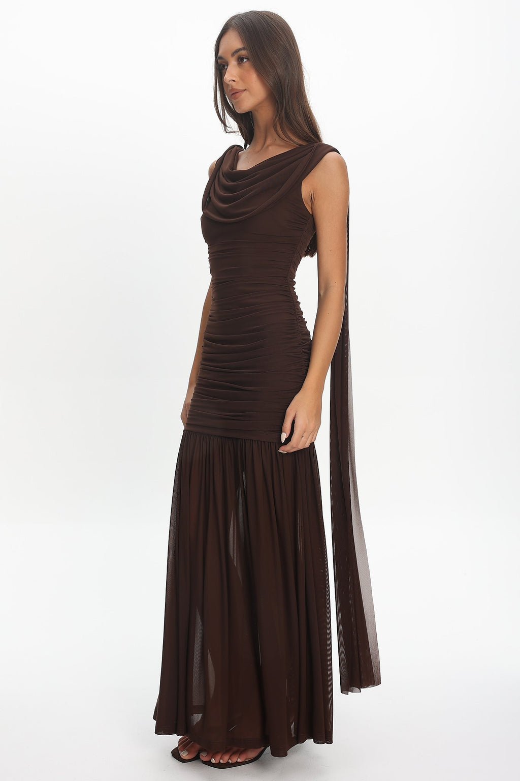 Rosellea Draped Shoulder Maxi Dress Chocolate