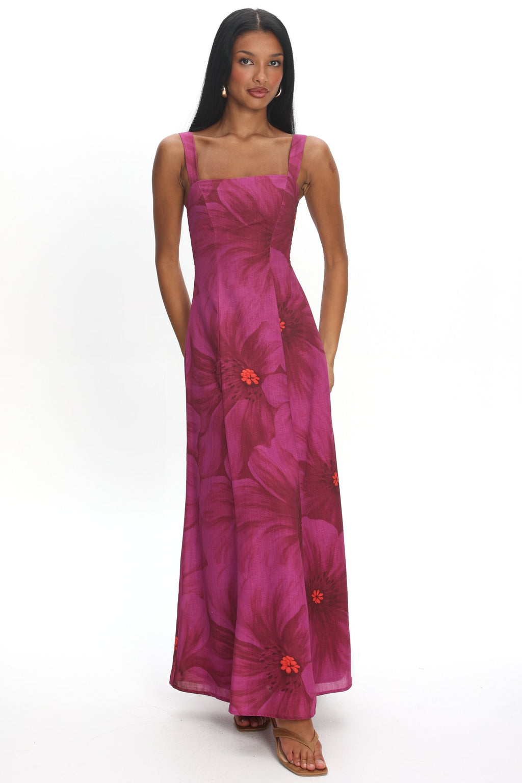 Teressa Square Neck Maxi Dress Floral Fuchsia