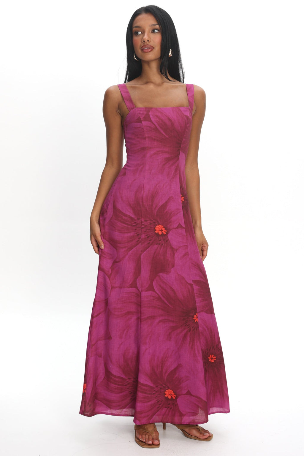 Teressa Square Neck Maxi Dress Floral Fuchsia