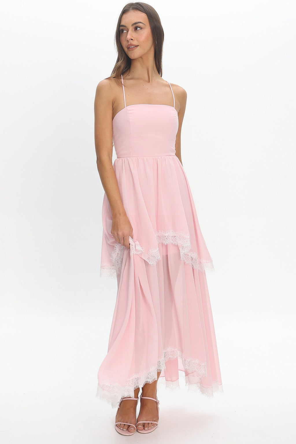 Sunrise on Sunset Lace Trim Maxi Dress Pink