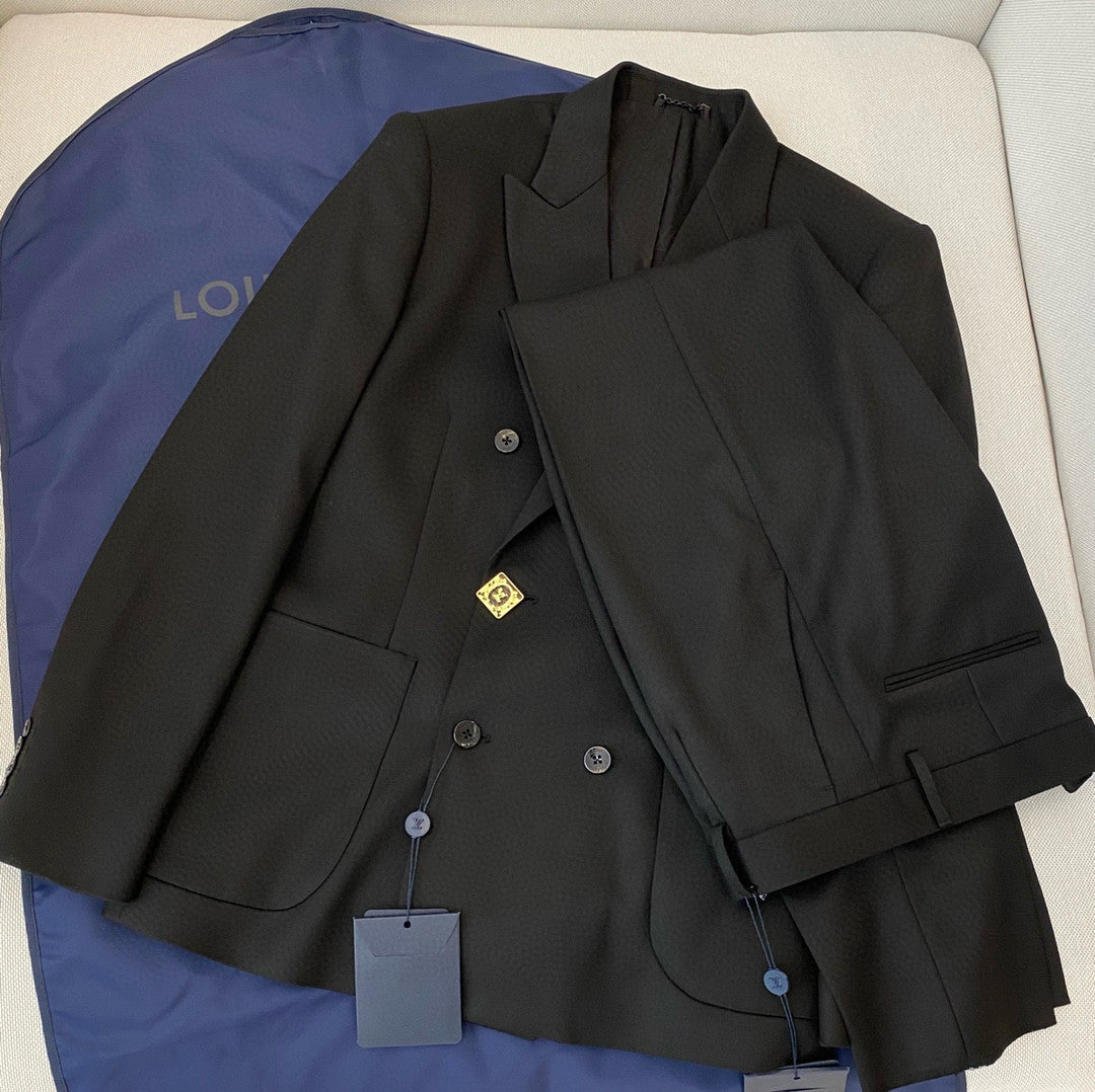 Louis Vuitton Men's Spring And Fall Black Wool Twill Double Breasted Blazer Jacket Casual Pants Suit Set #98626