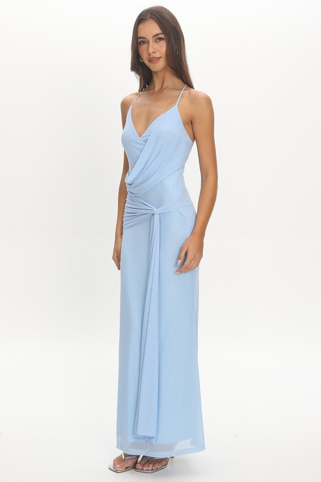 Poseidon Draped Sash Maxi Dress Light Blue