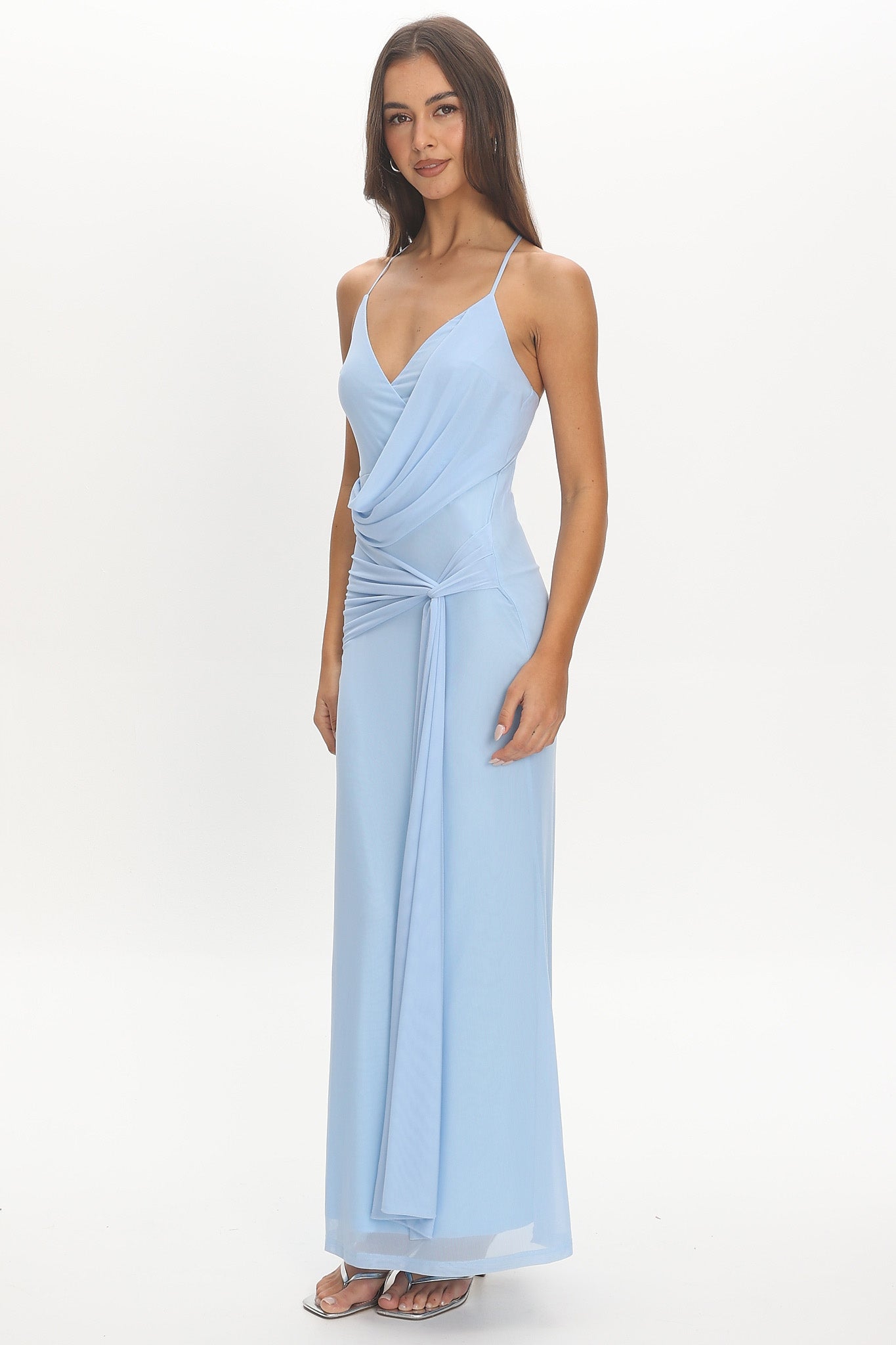 Poseidon Draped Sash Maxi Dress Light Blue