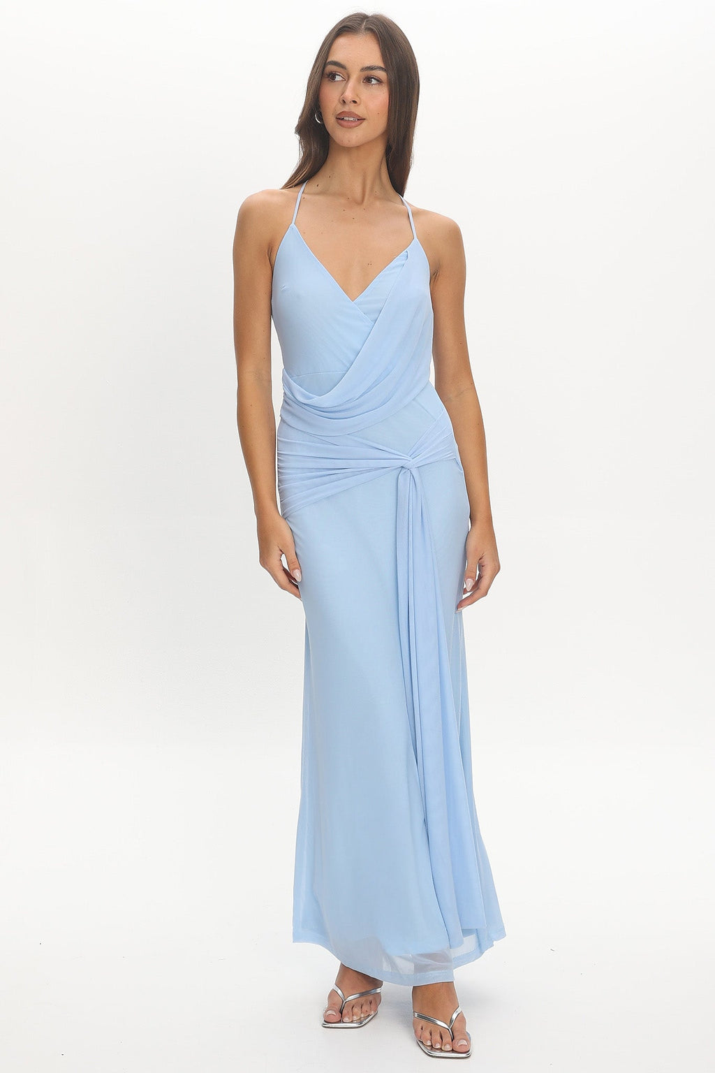 Poseidon Draped Sash Maxi Dress Light Blue