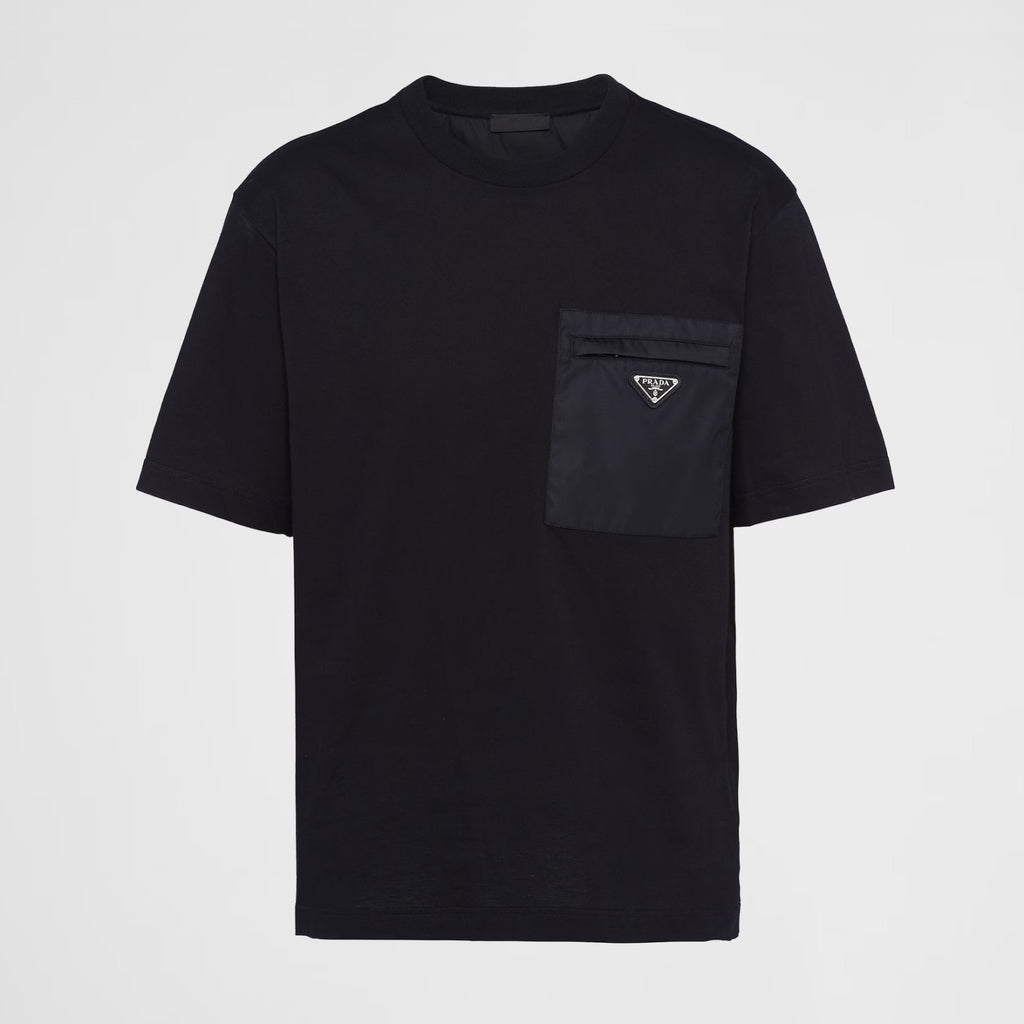 Prada Men's Summer Metal Triangle Label Nylon Pocket Crew Neck Cotton Short Sleeve T-Shirt #98973