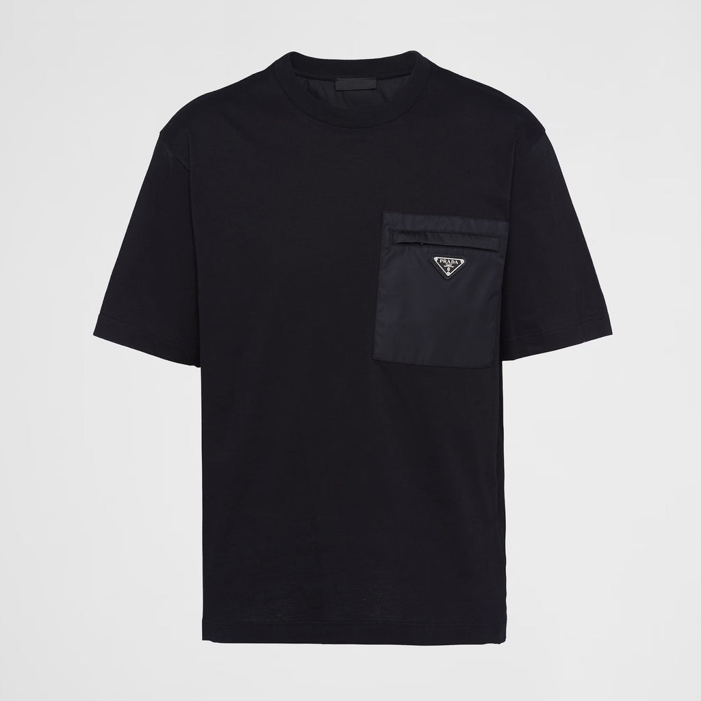 Prada Men's Summer Metal Triangle Label Nylon Pocket Crew Neck Cotton Short Sleeve T-Shirt #98973