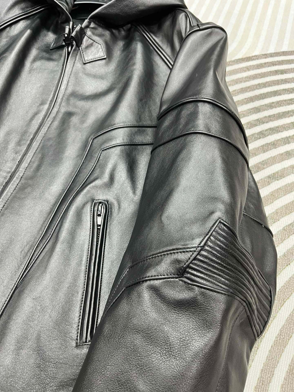 Balenciaga Men's Women's Autumn And Winter High Street Solid Color Cowhide Zipper Long Sleeve Loose BIKER Hooded Jacket Ngvp #8578