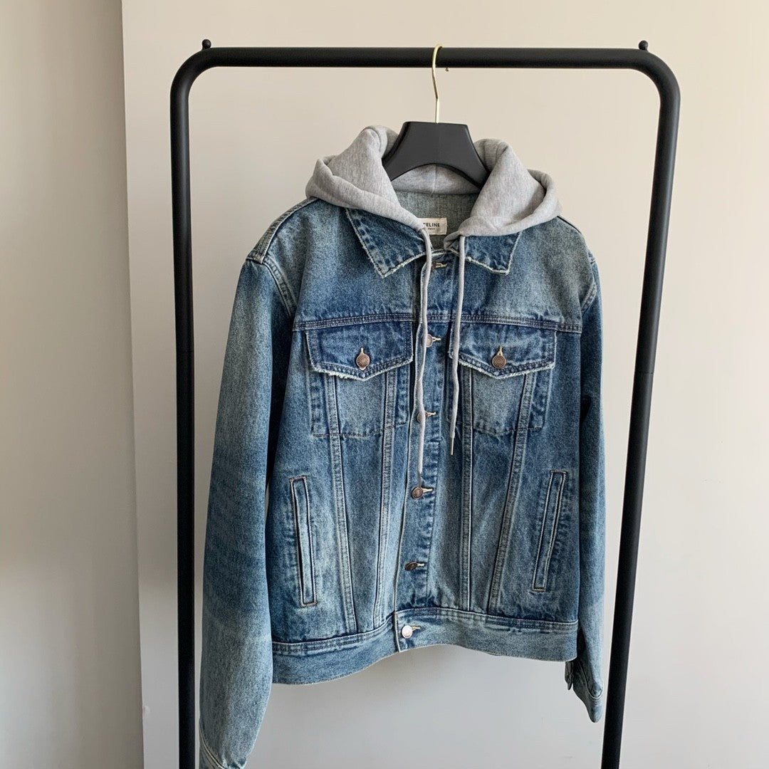 Celine Men's Autumn Blue Denim Single Breasted Hooded Jacket #75786