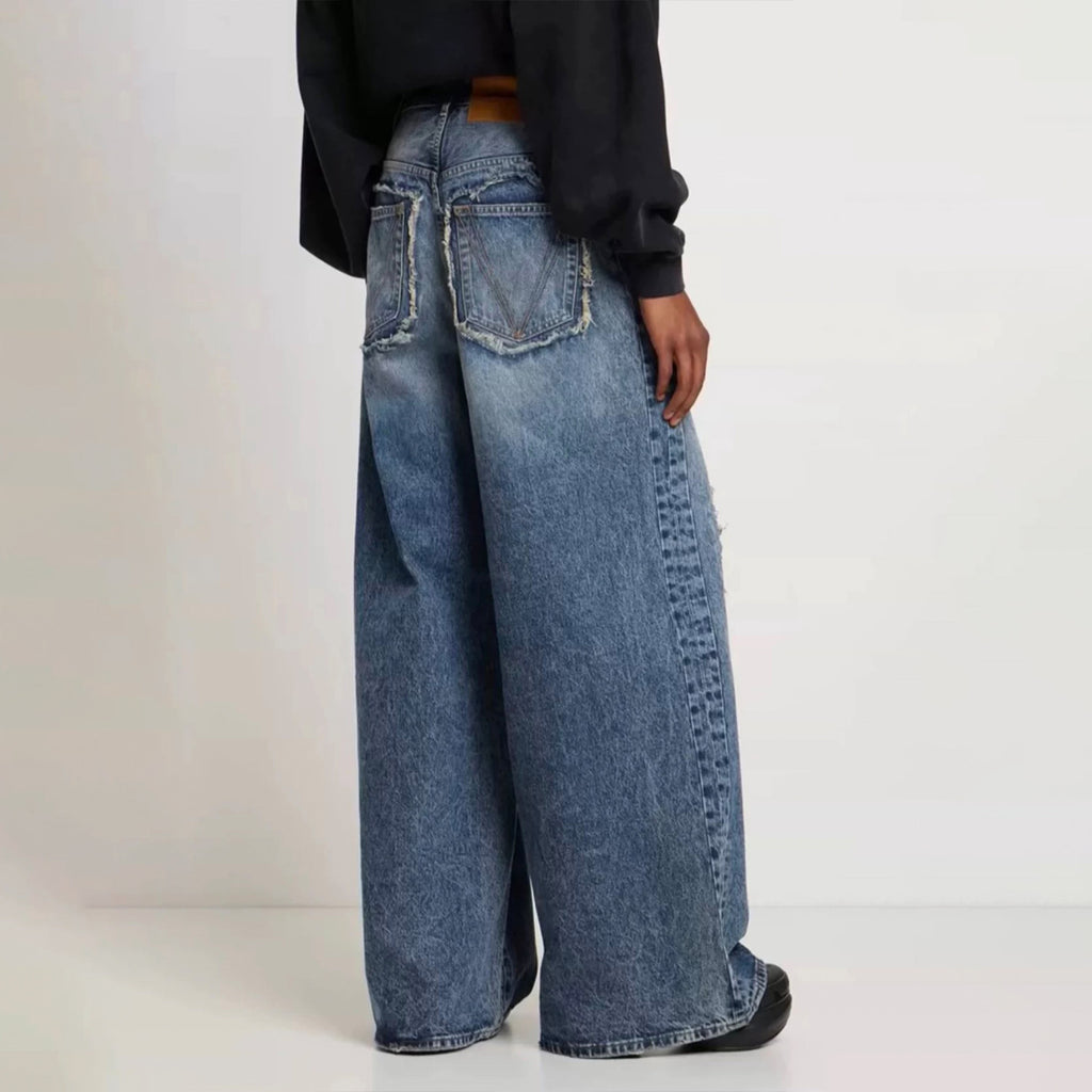 Vetements Men's Four Seasons Hole Blue Vintage Old Jeans Loose Straight Casual Wide Leg Pants Ngvp #9123
