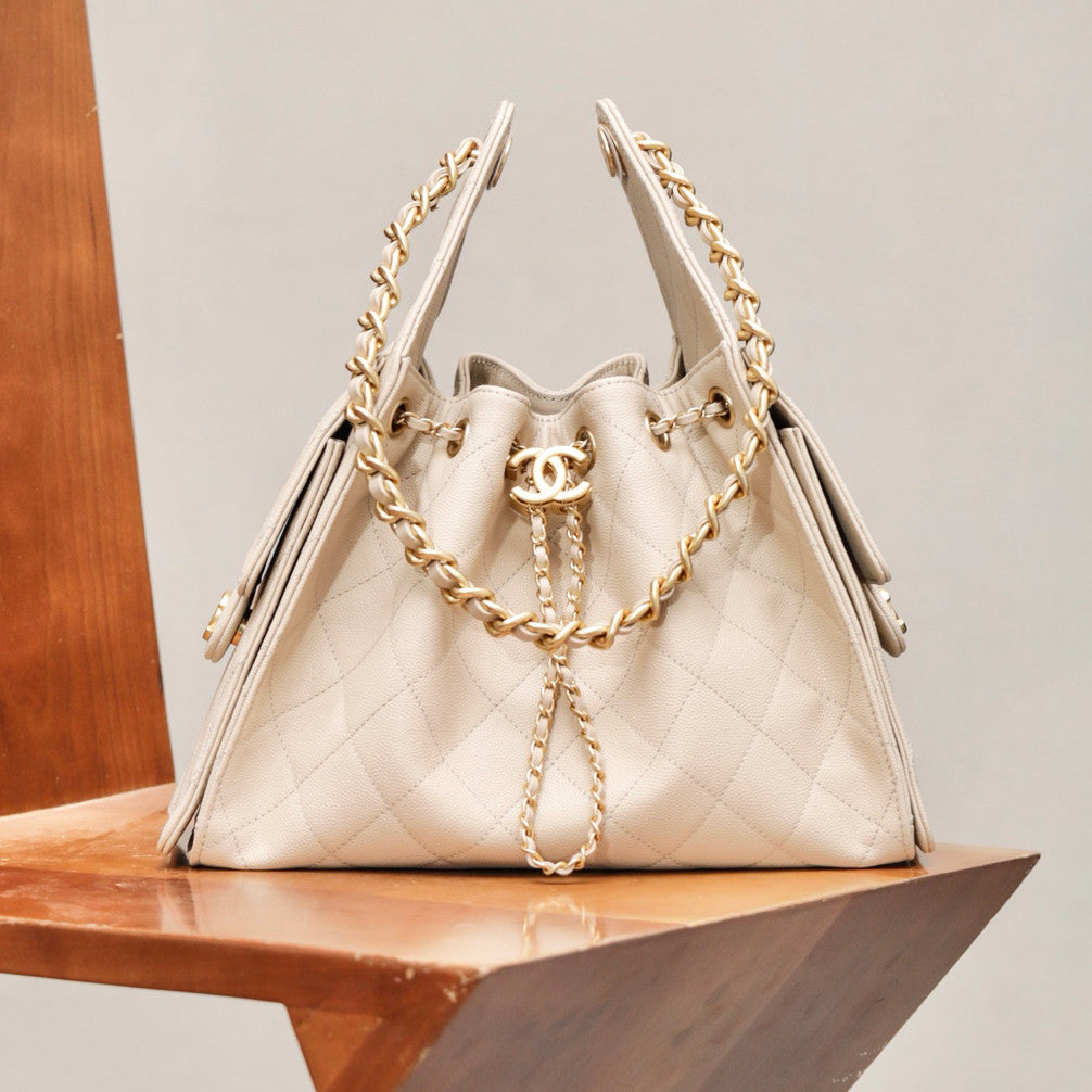 Chanel Women's Fashion Classic Solid Color Leather Logo Drawstring Underarm Bag Chain Handbag Tote Shoulder Bag Bags AS5293-B20304-U2367 Metallic-colored Leather Tends To Fade Easily #78855