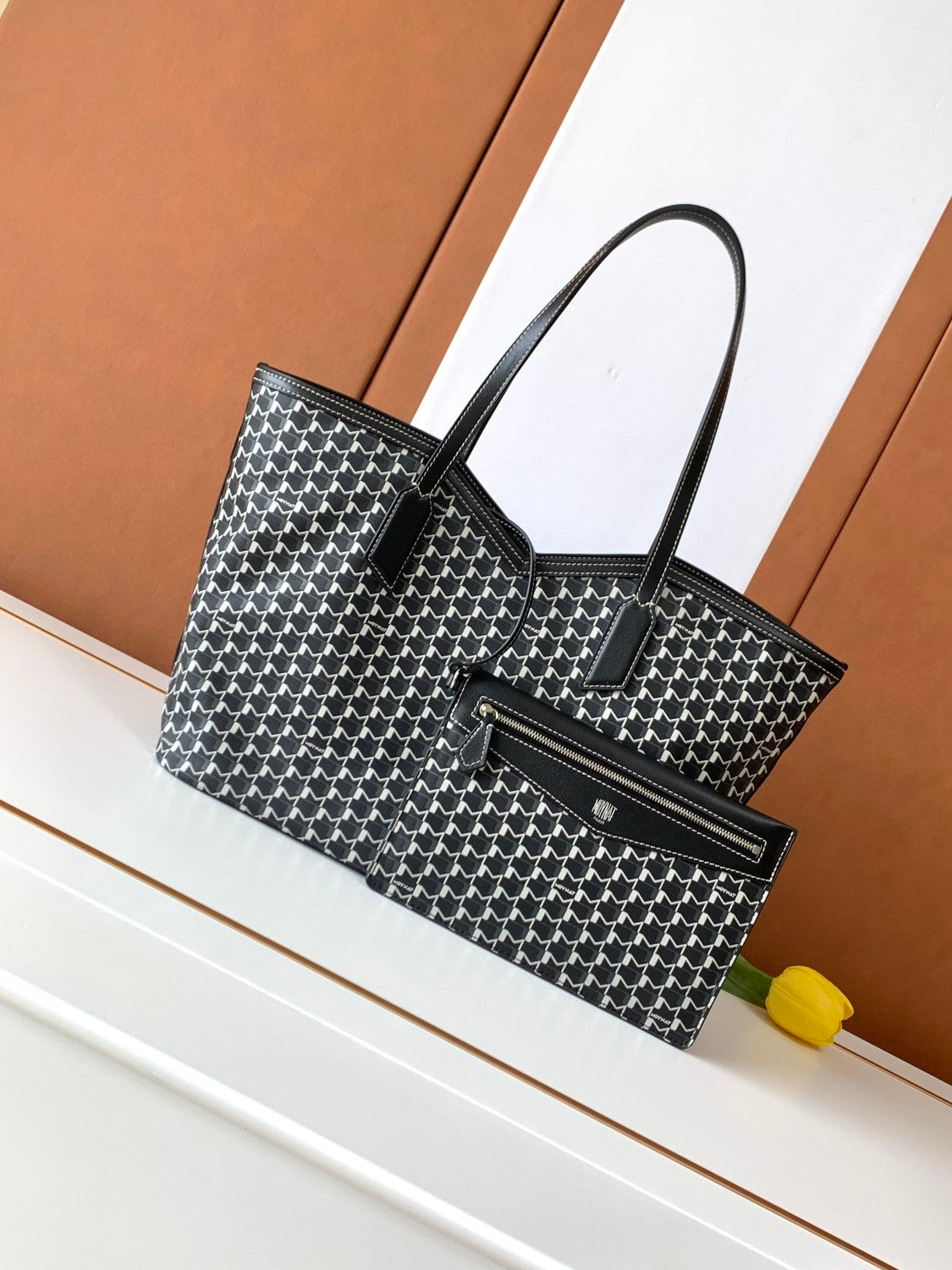 Moynat M Canvas Women's Classic Fashion Black And White Patchwork Canvas Tote Bag With Hook And Eye Closure Dual Use Handles And Shoulder Strap Bag Bags #78711