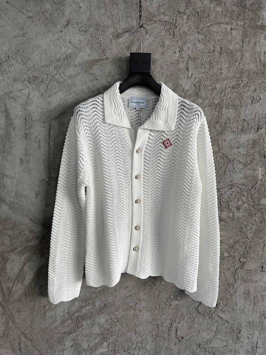 Casablanca Men's Summer White Lapel Single Breasted Skeleton Long Sleeve Knit Jacket #72868