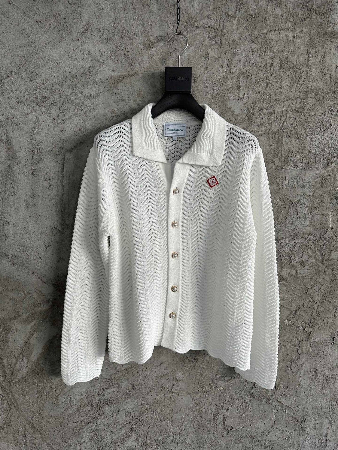 Casablanca Men's Summer White Lapel Single Breasted Skeleton Long Sleeve Knit Jacket #72868