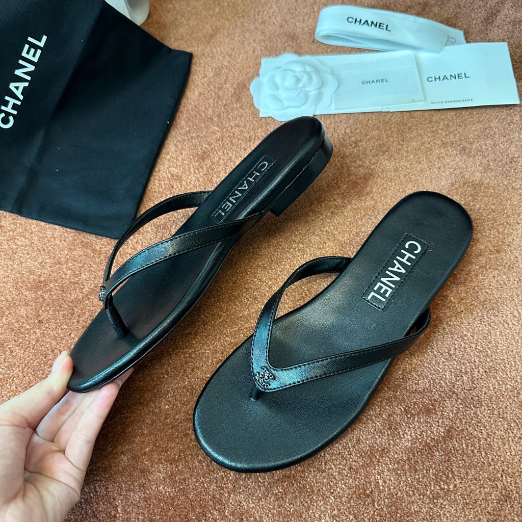 Chanel Women's Summer Fashion Casual Simple Round Toe Open Toe Leather Thong Sandals Shoes #78433