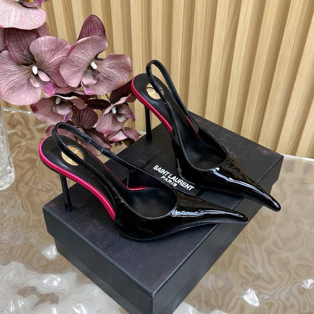 Saint Laurent AMALIA Women's Fashion Classic Pointed Toe Leather Patent Leather Open Toe Stiletto Heels Heel Height Approximately 10.5cm High Heels Shoes #78994