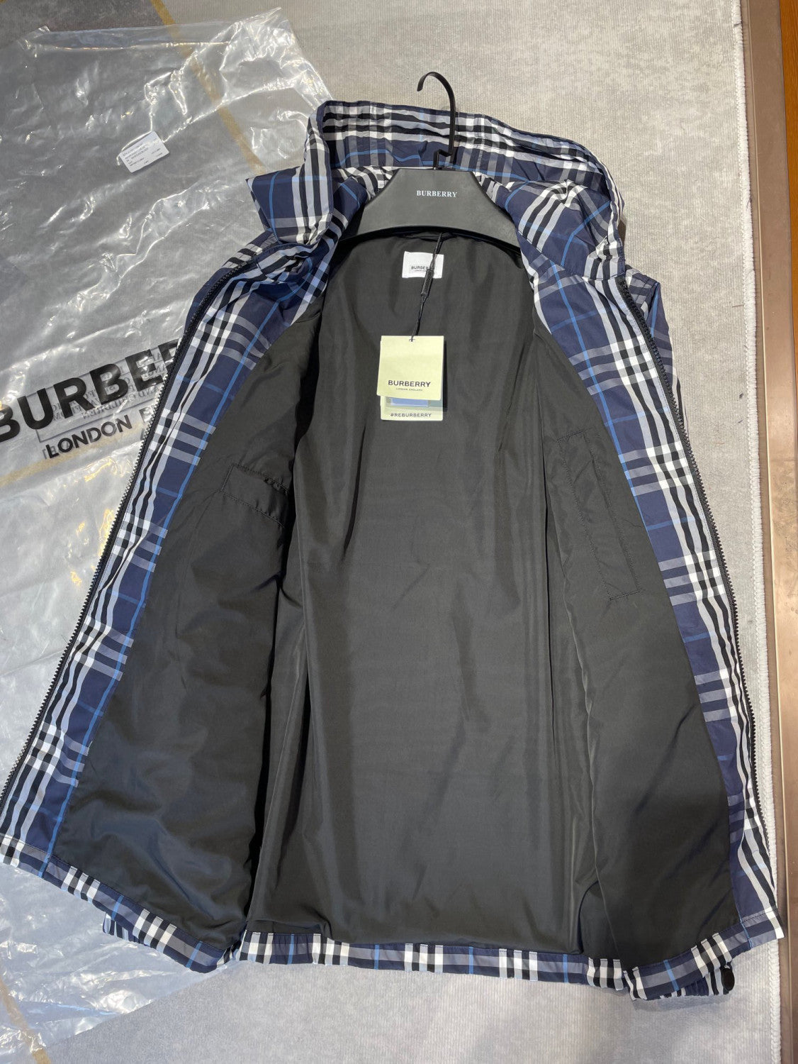 Burberry Men's Spring and Autumn Blue Plaid Hooded Zipper Long Sleeve Jacket #98568