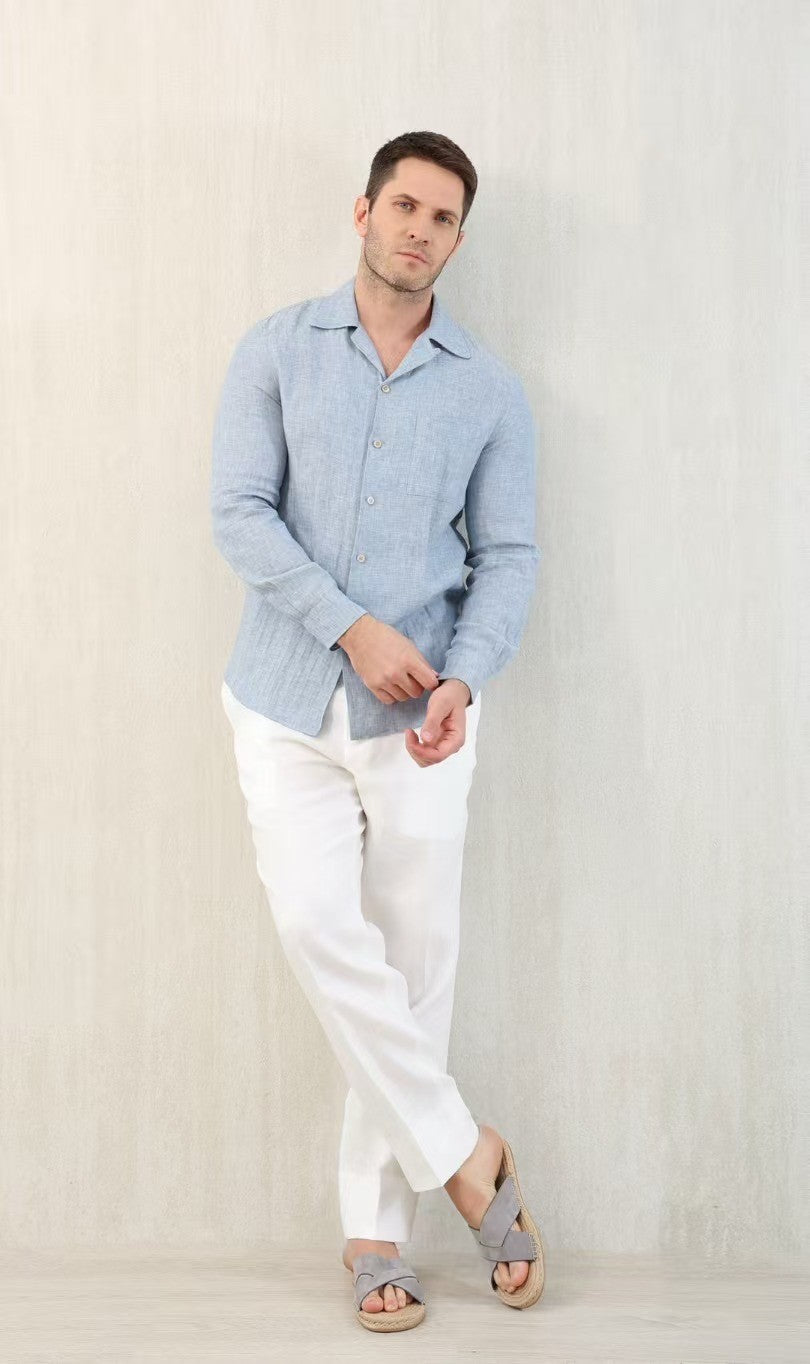 Brunello Cucinelli Men's Linen Easy Fit Shirt with Camp Collar and Chest Pocket Spring And Autumn Solid Color Long Sleeve Top Ngvp #1455