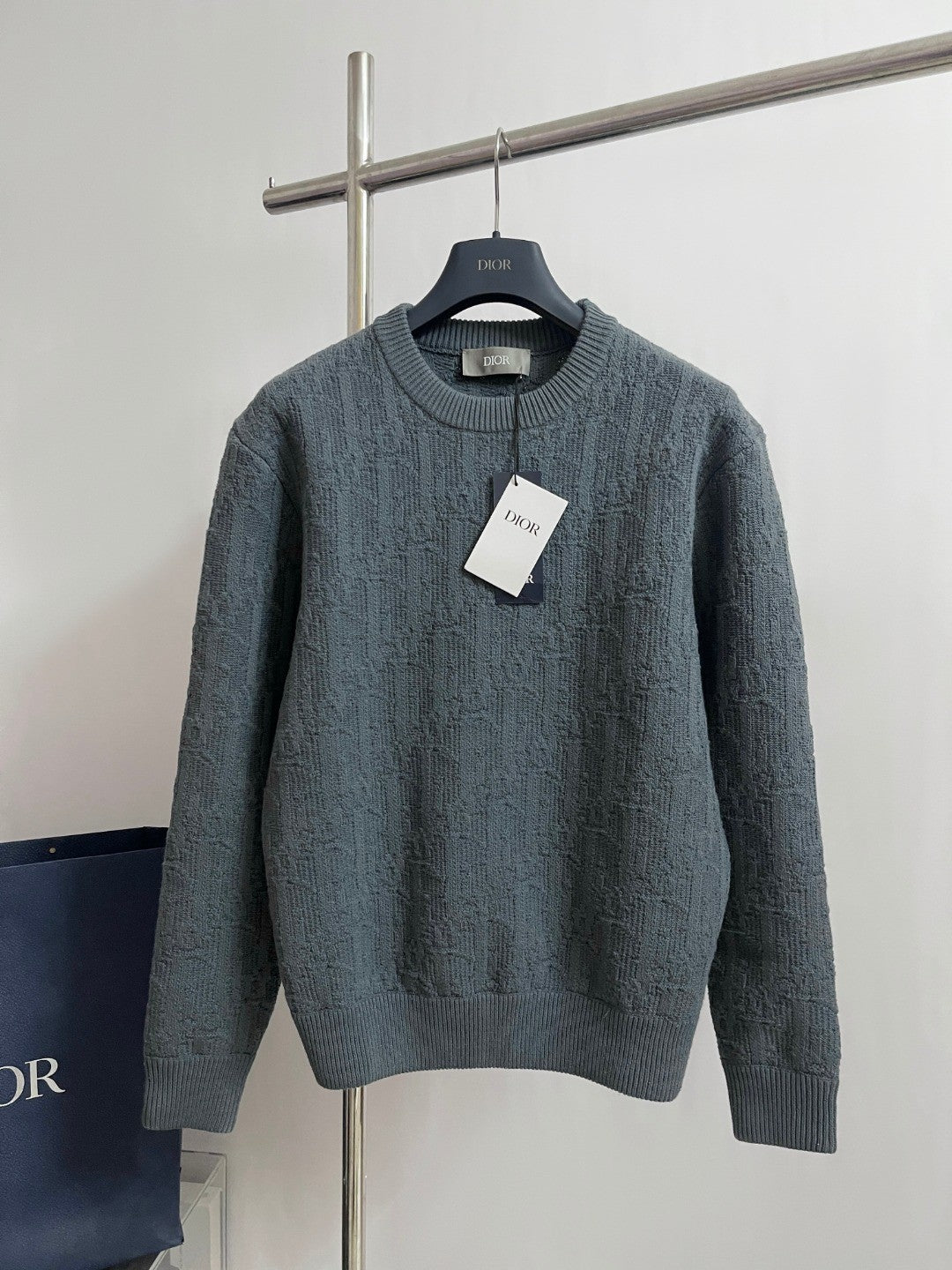 Dior Men's Spring and Autumn Solid Color Printed Ribbed Crew Neck Knit Sweater #75184