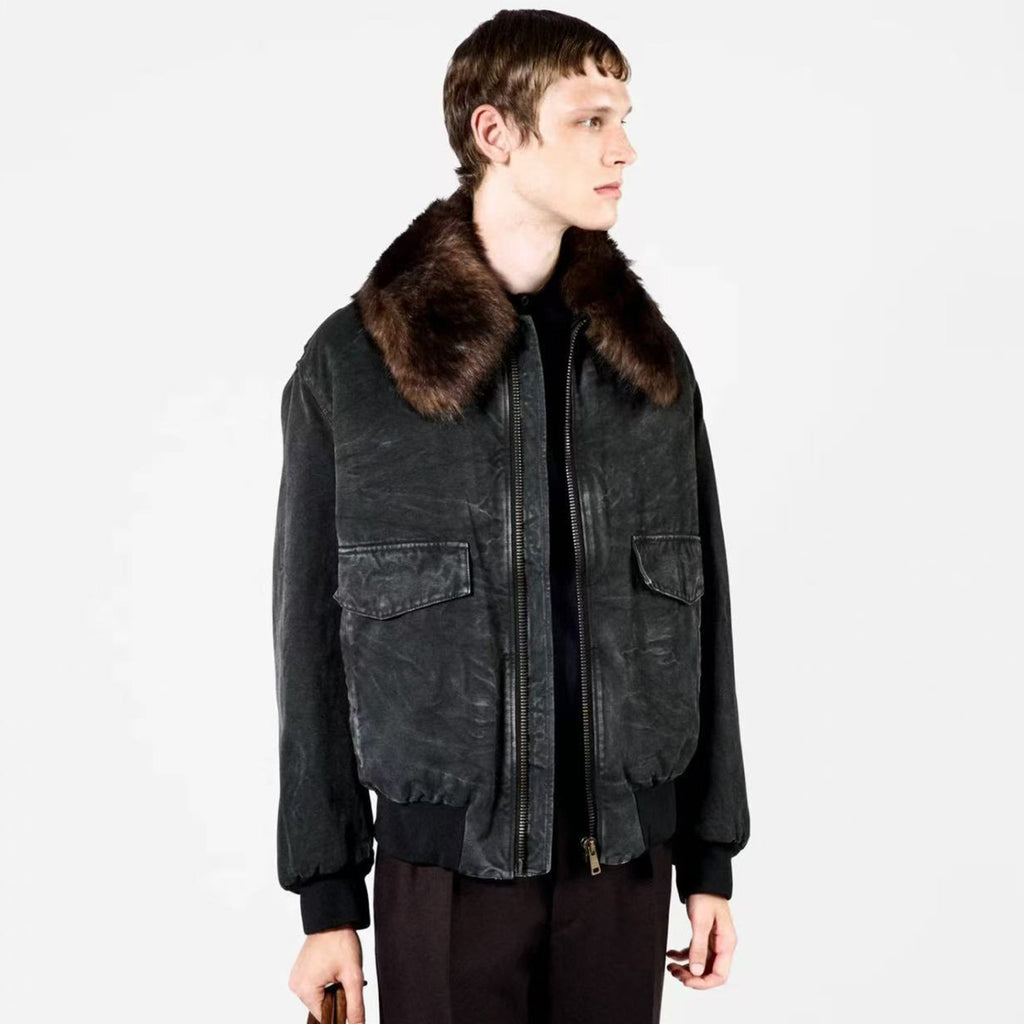 Prada Men's Fall And Winter Hair Collar Black Cotton Jacket Fashion Trend Warm Casual Zipper Short Jacket Coat Ngvp #2196