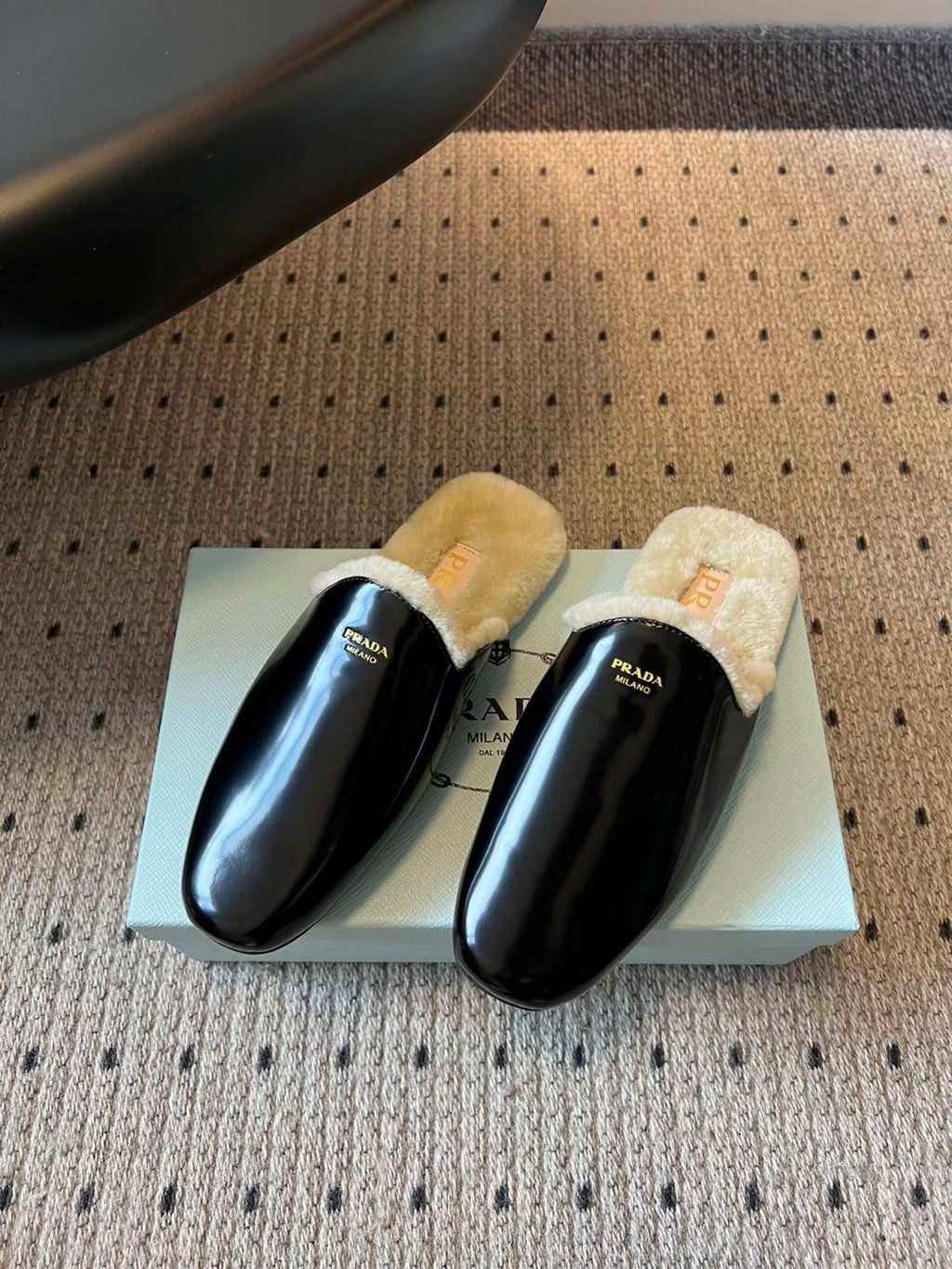 Prada Women's Fall/winter Fashion Casual Round Toe Slip On Leather Suede Fleece Lined Mule Shoes Half Slip On Slippers Shoes #79259