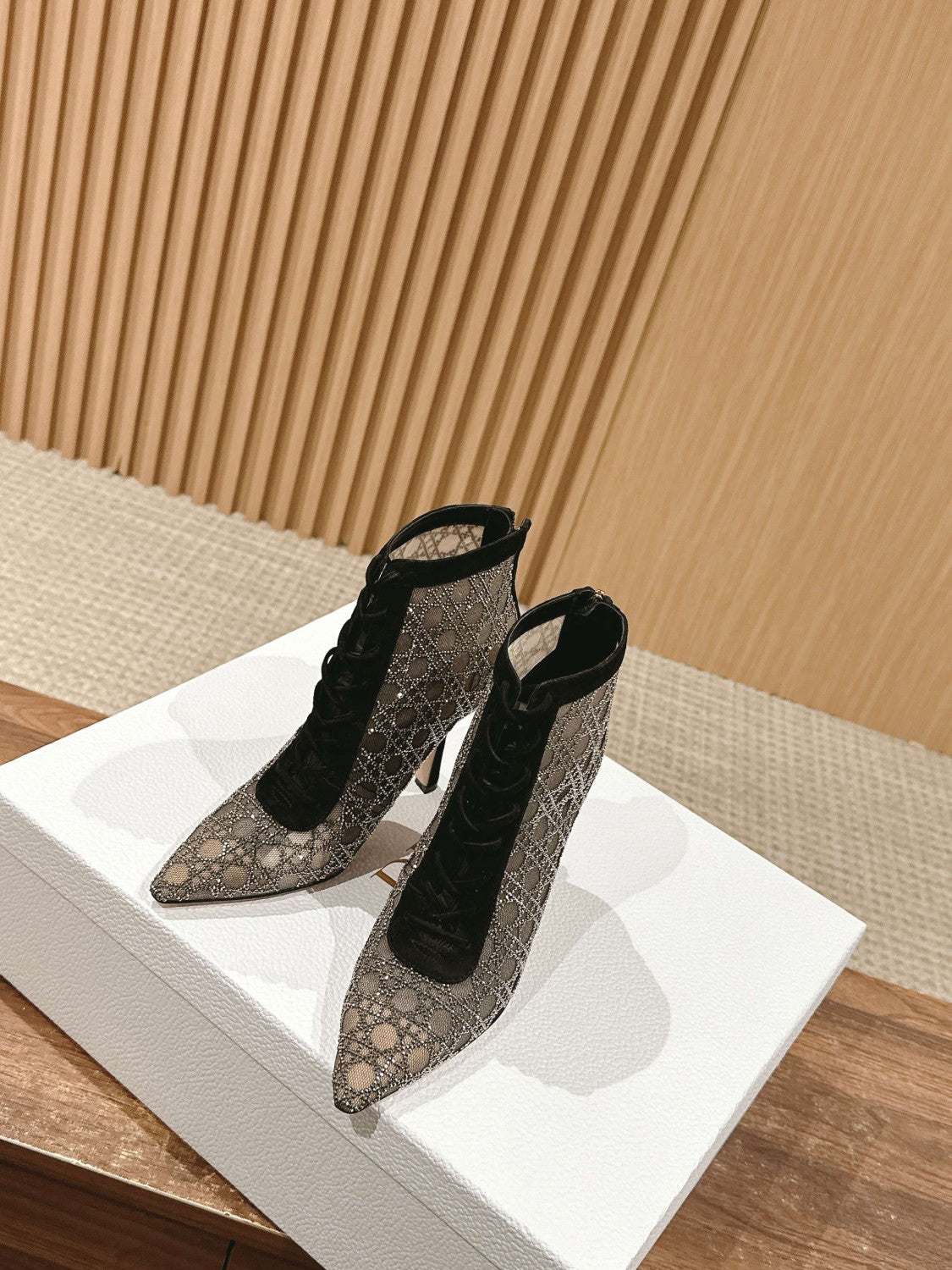 Dior Dazzling Galaxy Series Mesh Cannage Pattern Rhinestone High Heels #377323