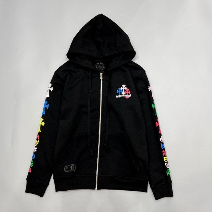 Chrome Hearts Men's and Women's Fall/Winter Fashion Casual Solid-Color Minimalist Sanskrit Letter Small Logo Print Hooded Zipper Sweatshirt Jacket #78517