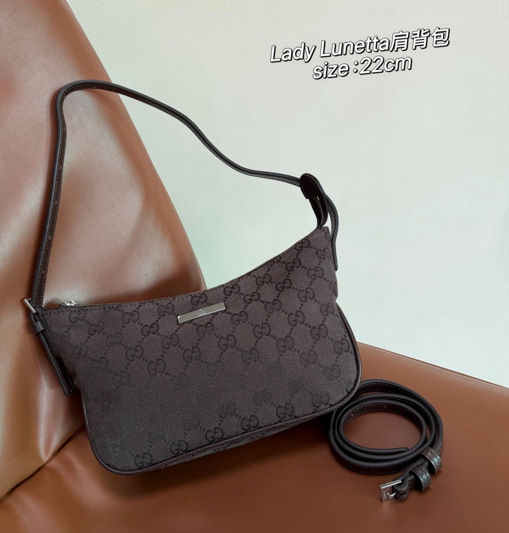 Gucci Lady Lunetta Collection Small Shoulder Bag Deep Blue Gg Denim Sand Brown And Dark Brown Classic Elegant And Stylish Shoulder Bag Bags 874743FAF7X2543 #84293A