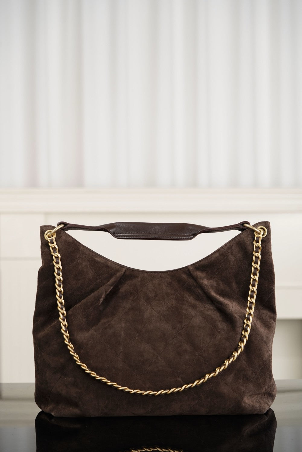 Chanel Maxi Hobo Bag Suede Calfskin Lambskin Gold-tone Metal Dark Brown #336664