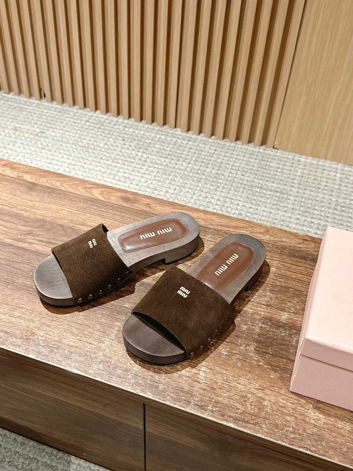MiuMiu Women's Summer Fashion Casual Round Toe Slip On Suede Leather Wooden Sole Sandals Shoes #78432