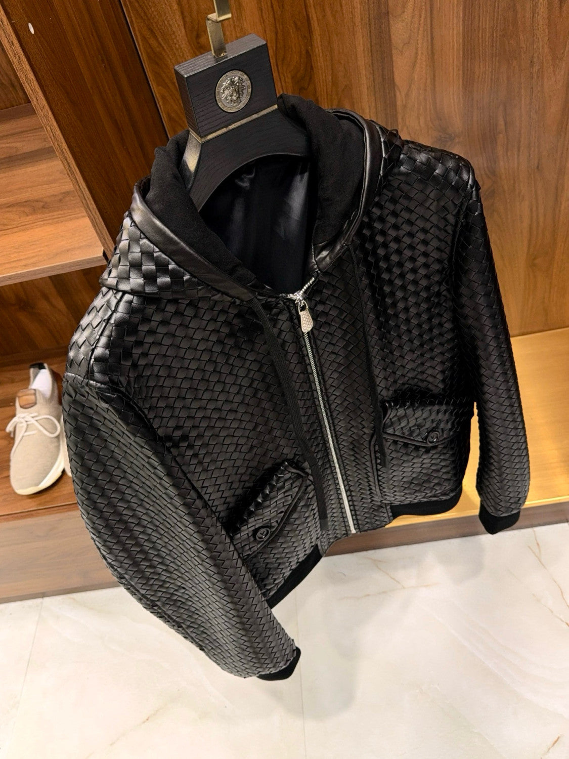 Bottega Veneta Men's And Women's Spring/Fall Fashion Casual Solid Color Hooded Zipper Shearling Hand Knitted Hooded Jacket with Large Pockets Leather Jacket Outerwear Jacket #78991