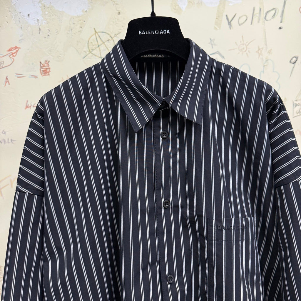 Balenciaga Women's Spring and Fall Flatground Black and White Striped Cotton Poplin Single Breasted Long Sleeve Shirt #76489