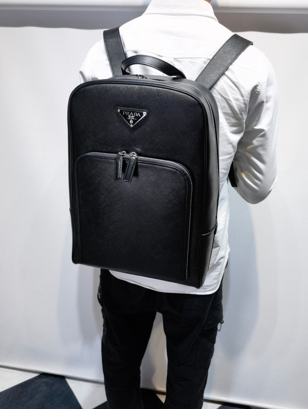 Prada Saffiano Classic Minimalist Business Backpack Printed Triangle Badge Adjustable Leather Shoulder Straps Two Way Zipper Closure Backpack  Bag Bags 2VZ102_9Z2_F0002_V_DOO #79175