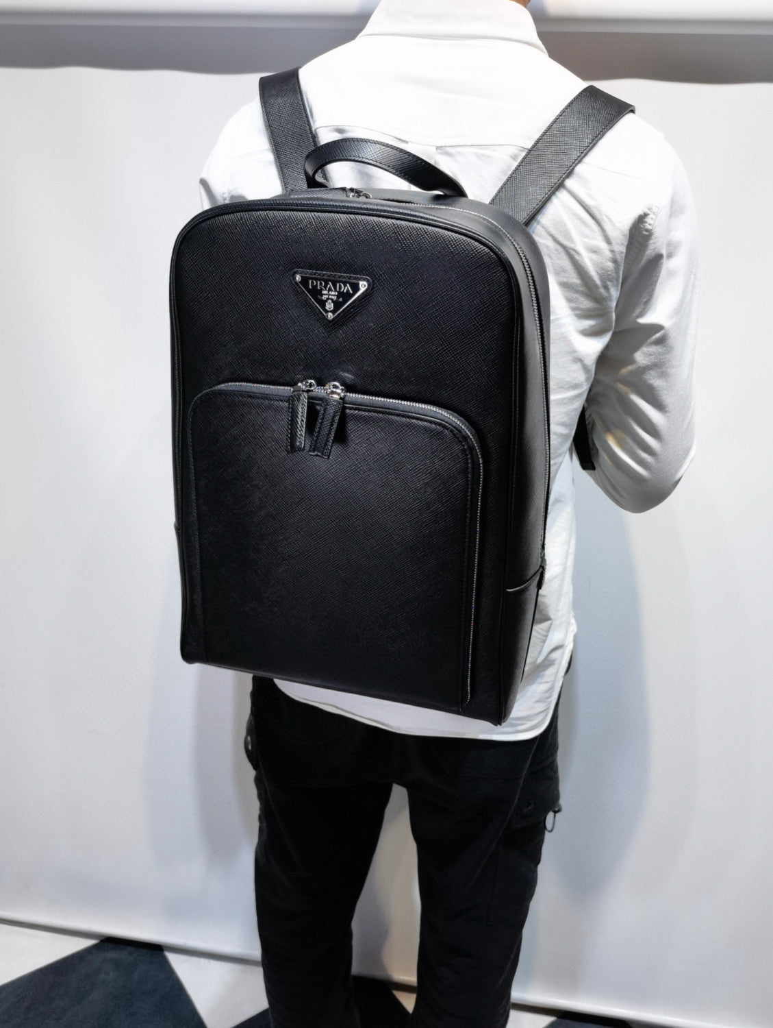 Prada Saffiano Classic Minimalist Business Backpack Printed Triangle Badge Adjustable Leather Shoulder Straps Two Way Zipper Closure Backpack  Bag Bags 2VZ102_9Z2_F0002_V_DOO #79175