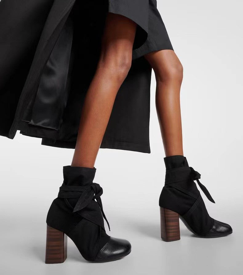 Lemaire Women's Canvas Leather High-Heeled Short Boots. Spring And Autumn Solid Color Bow Round Toe Lace-Up Thick Heel Casual Shoes Ngvp #2147