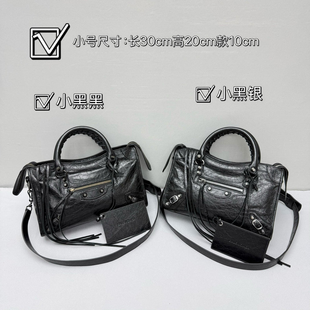 Balenciaga Le City Medium And Small Handbags Silver And Black Accents Imported Lambskin Biker Bag Riveted Tote Crossbody Bags #84168A