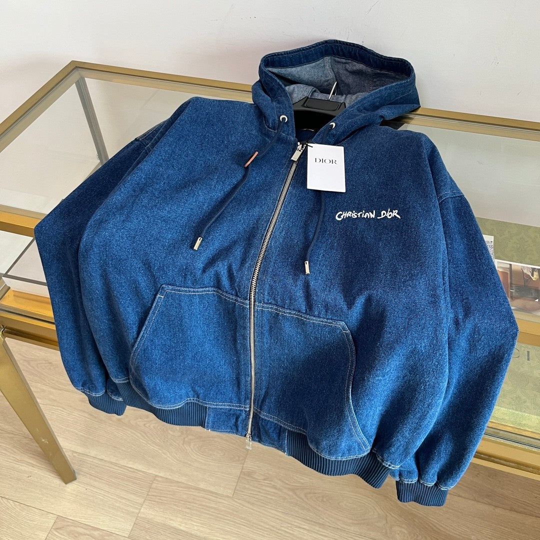 Dior Men's Spring And Fall Navy Blue Letter Print Zipper Hooded Long Sleeve Jacket #73271