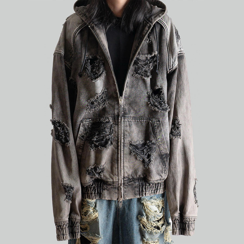 Juun.j Men's And Women's Spring And Fall Fashion Casual Washed And Old Destruction Denim Hooded Zipper Jacket Ngvp #7788