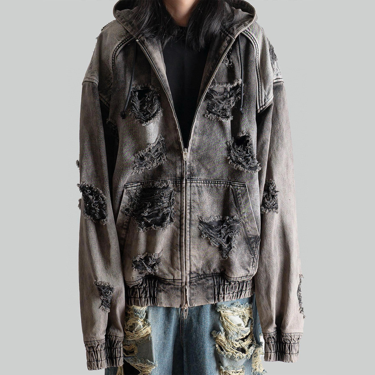 Juun.j Men's And Women's Spring And Fall Fashion Casual Washed And Old Destruction Denim Hooded Zipper Jacket Ngvp #7788
