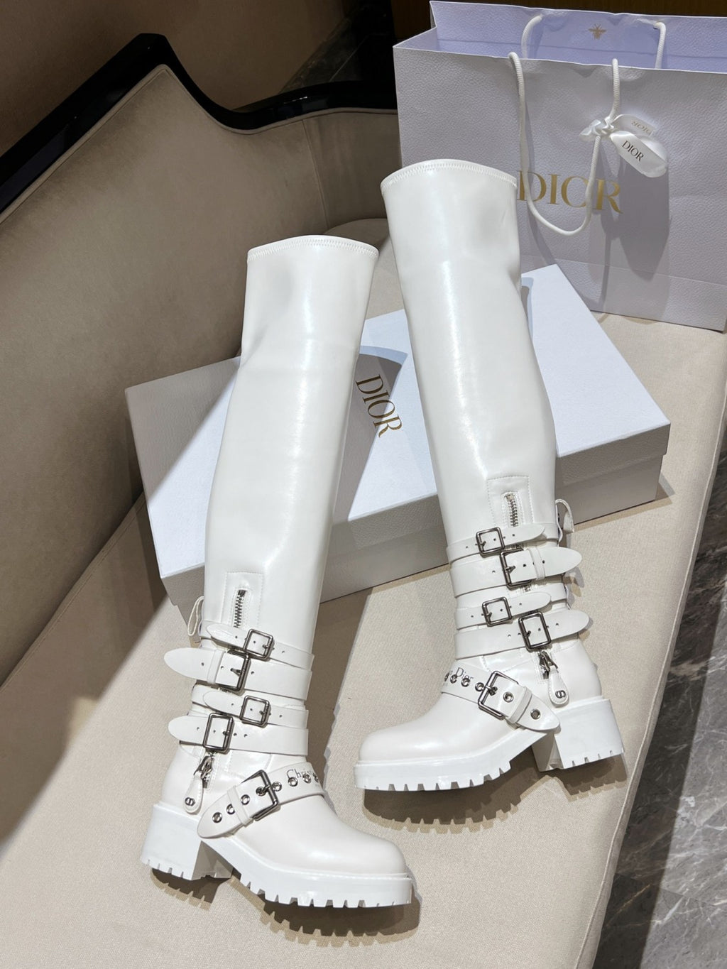 Dior D-Fight Women's Fall/Winter Classic Fashion Round-Toe Zipper Chunky Heel Leather Over-the Knee Boots Shoes #78766