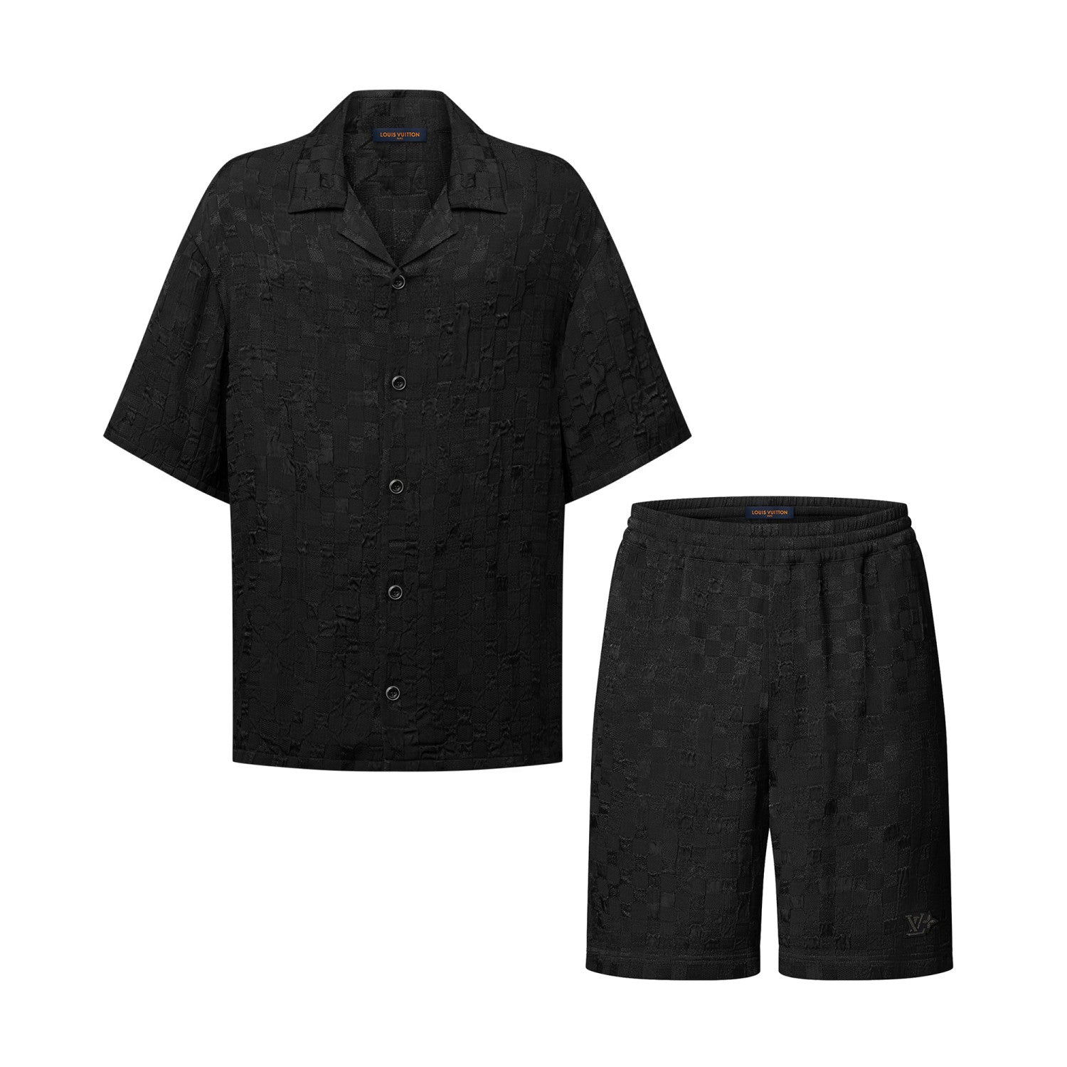 Louis Vuitton Men's Summer Solid Color Embroidery Jacquard Single Breasted Short Sleeve Shirt Elastic Waist Casual Shorts Suit Set #76281