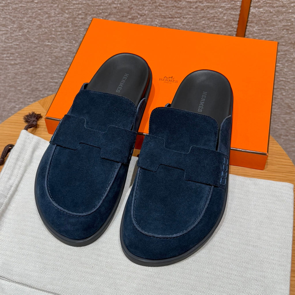 Hermes Men's Spring And Summer Solid Color Calfskin Round Head Flat Bottom Baotou Birkenstock Slippers Shoes #75495