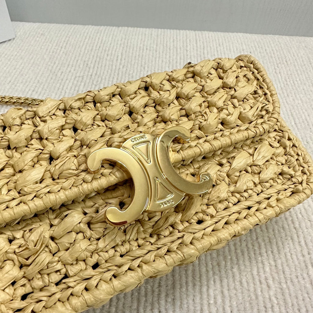 Celine TRIOMPHE Women's Monogrammed Gold Buckle Raffia Woven Solid Color Crossbody Shoulder Bag Bags #76673