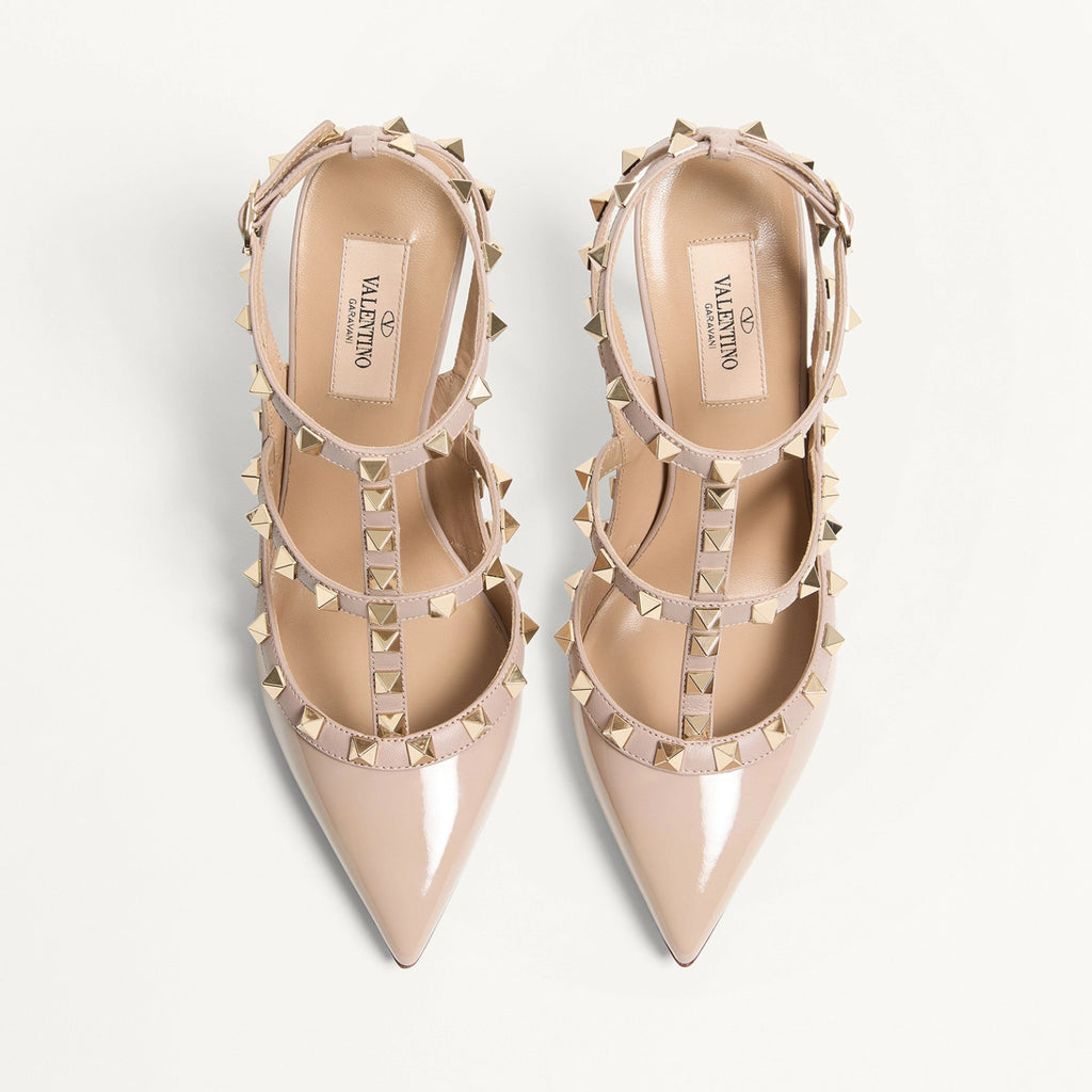 Valentino ROCKSTUD Women's Summer Classic Pointed-Toe Open-Back Stiletto Patent Leather Lace Up Studded Double-Strap High Heels #78999