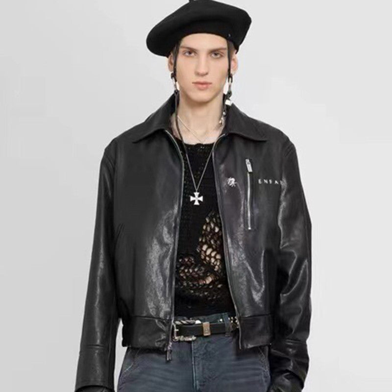 Enfants Riches Deprimes Men's Fall And Winter Black Fashion Trend High Street Goatskin Embroidery Lapel Zipper Leather Jacket Ngvp #7349