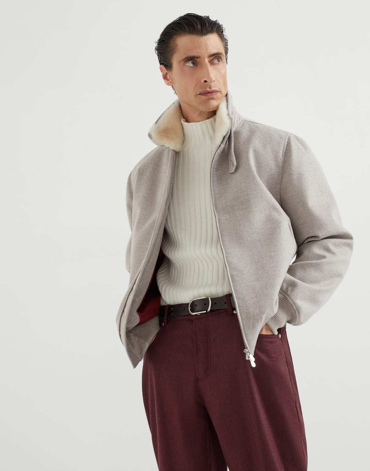 Brunello Cucinelli Men's Fall/Winter Solid-Color Cashmere Lapel Pilot Jacket Loose-Fit Long-Sleeve Outerwear Ngvp #2713